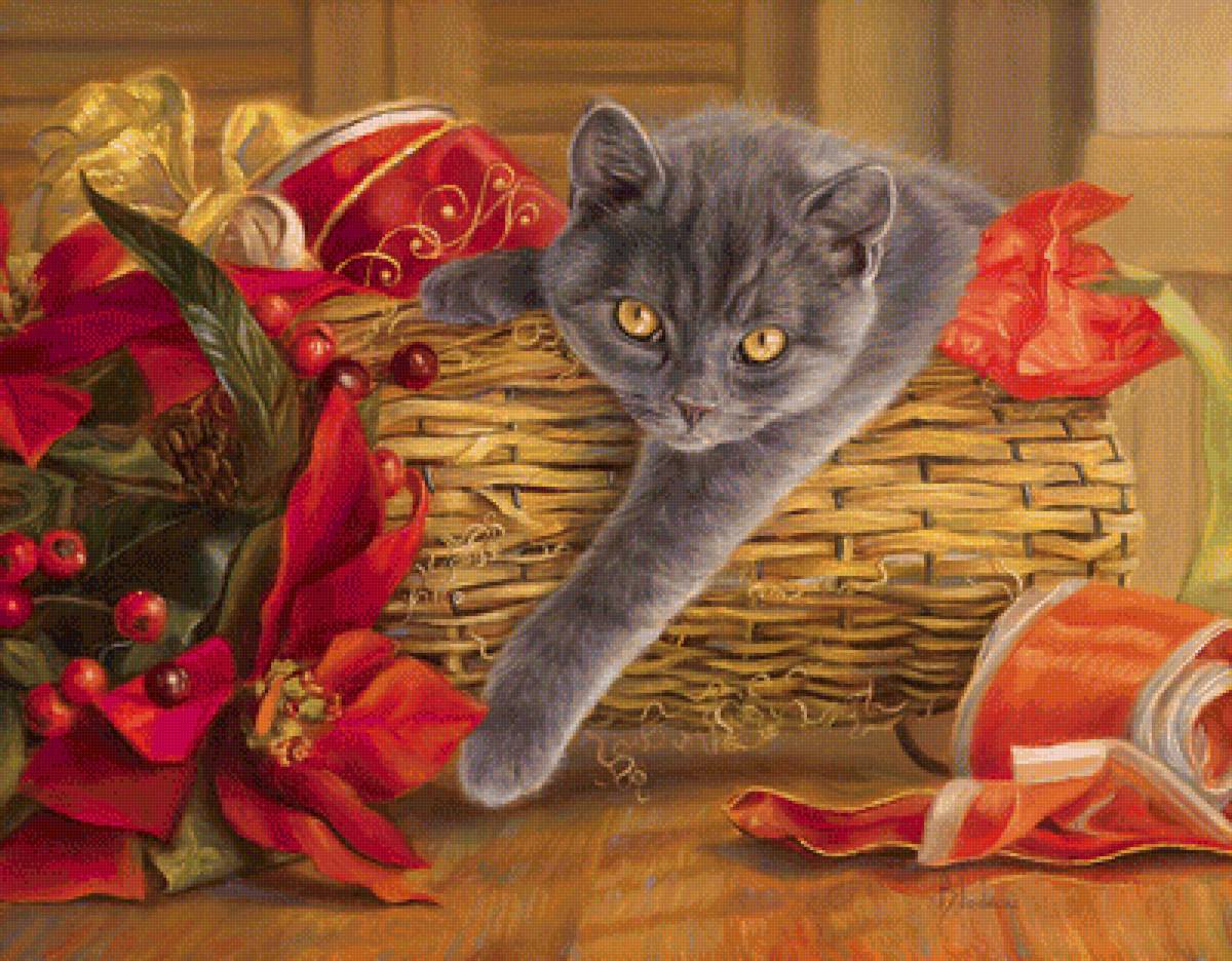 Шалунишка кот - корзина, цветы, кот - предпросмотр