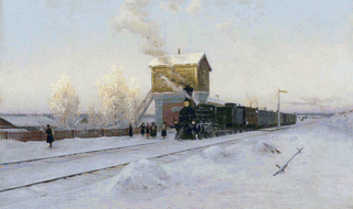 Казанцев Владимир Гаврилович. Зимнее утро на Уральской жел. доро - природа, паровоз, пейзаж зима, поезд, люди - предпросмотр