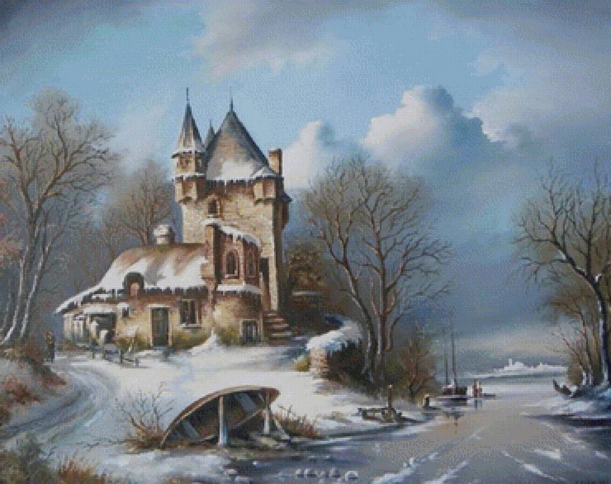 Старая Голландия по картине Г.Новицкого - зима, речка, домик, старая голландия - предпросмотр