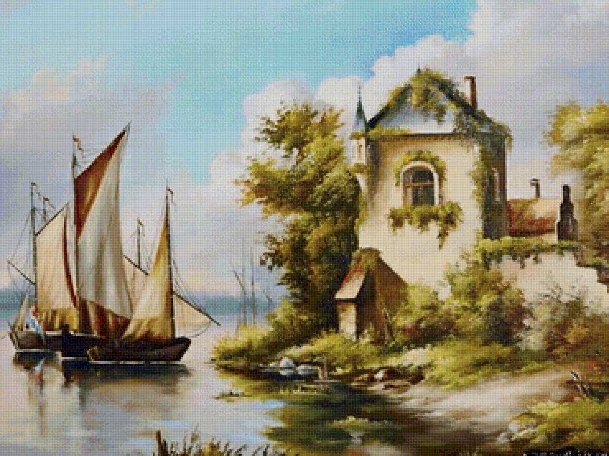 Голландский пейзаж. По картине Г.Новицкого - домик, парусник, старая голландия - предпросмотр