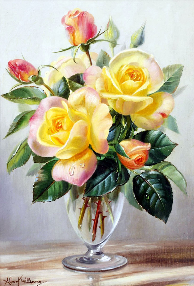 Жёлтые розы - розы, букет, цветы, стол, ваза - оригинал