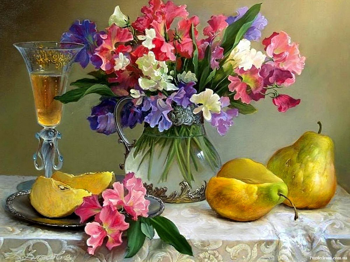 Натюрморт - стол, груши, ваза, цветы, букет, скатерть - оригинал