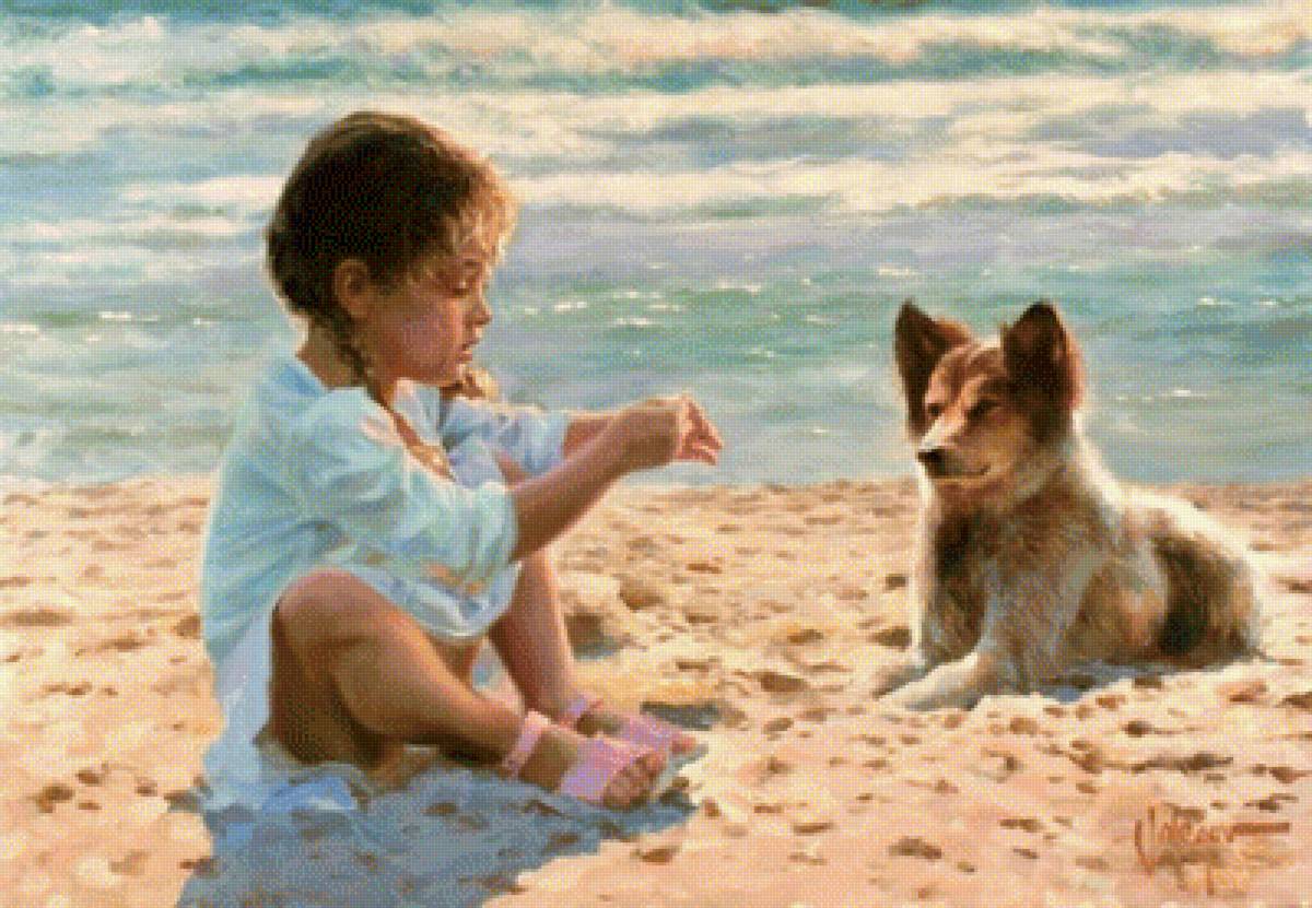 девочка, море, собака - предпросмотр