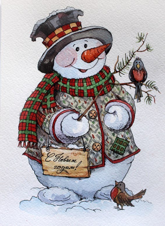 снеговик - снеговик, с новым годом, зима, птичка - оригинал