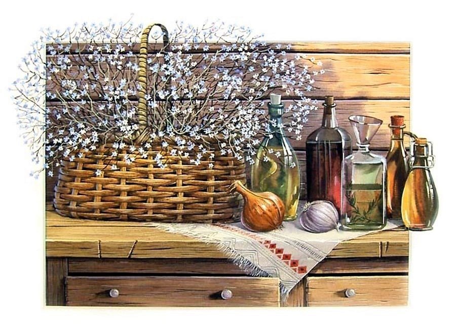 Натюрморт - корзина, цветы, вино, натюрморт - оригинал