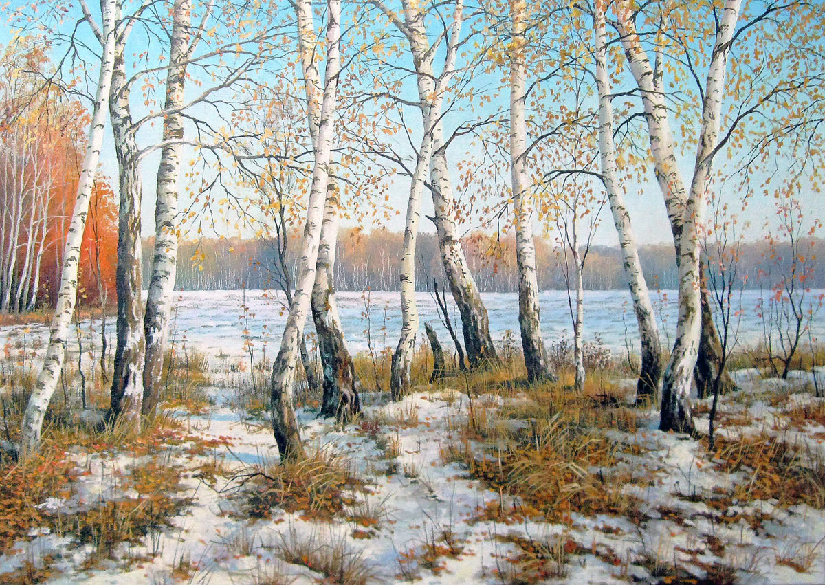 Худ. Булыгин Николай Владимирович - березы, природа, снег, пейзаж весна - оригинал