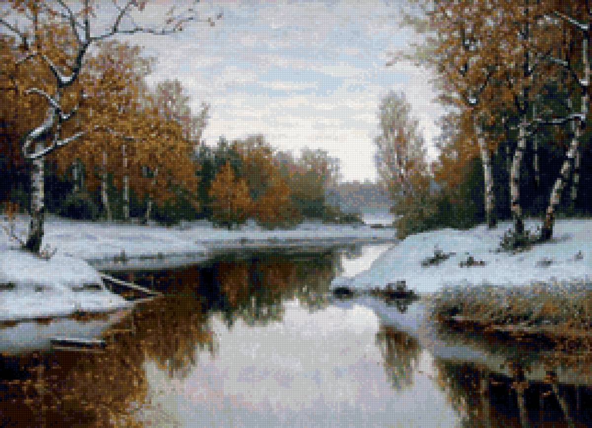 Худ.Волков Е.Е. Ранний снег - пейзаж зима, снег, река, природа - предпросмотр