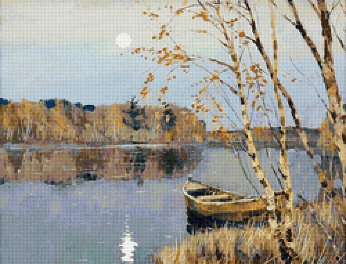 Худ. Егоров Андрей Афанасьевич. - береза, река, лодка, пейзаж, осень - предпросмотр