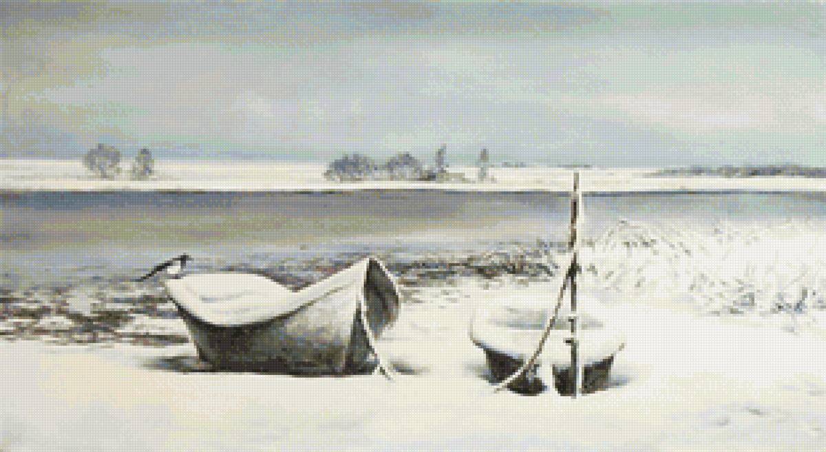 Худ.Кикель Владимир Борисович. - пейзаж зима, снег, лодки, река, вода - предпросмотр