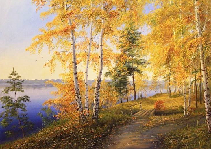 Худ. Куликов Владимир - осень, березы, пейзаж, река - оригинал