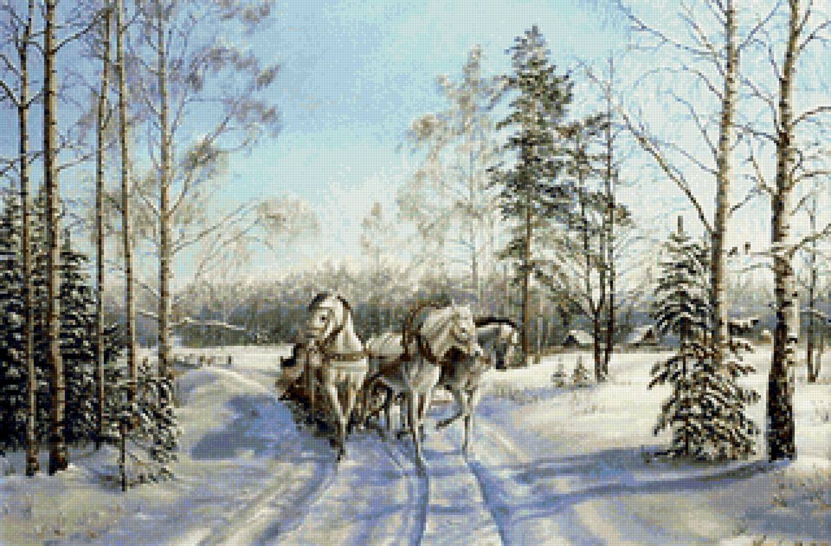 Худ. Куликов Вл. Вл. - тройка, пейзаж зима, лес, природа - предпросмотр