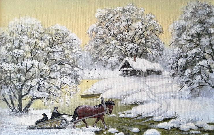 Худ. Марков В.Н. Дом у озера. - природа, пейзаж зима, сани, снег - оригинал