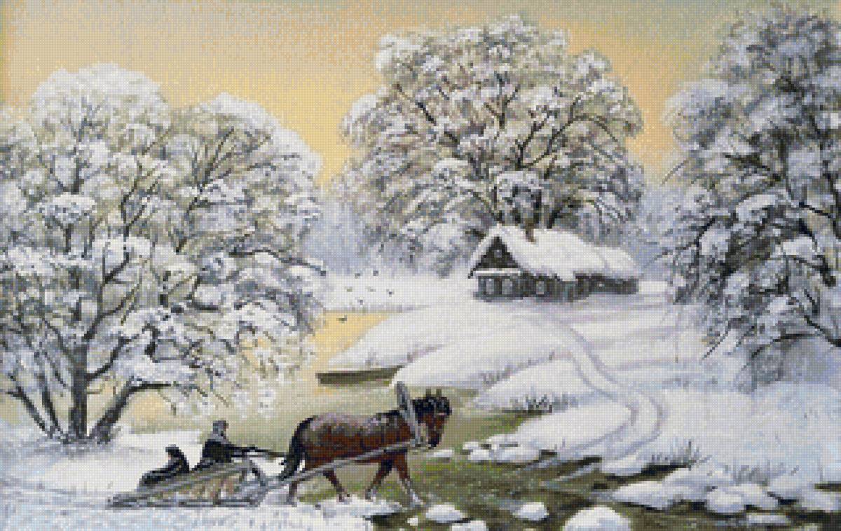 Худ. Марков В.Н. Дом у озера. - пейзаж зима, сани, природа, снег - предпросмотр