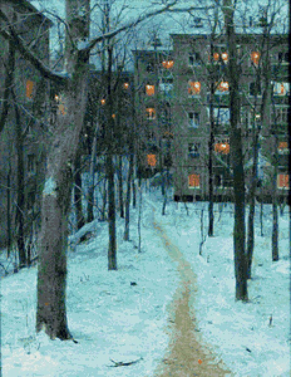 Худ. Лушпин Евгений Сумерки. - вечер, город, снег, дома, зима, поселок - предпросмотр