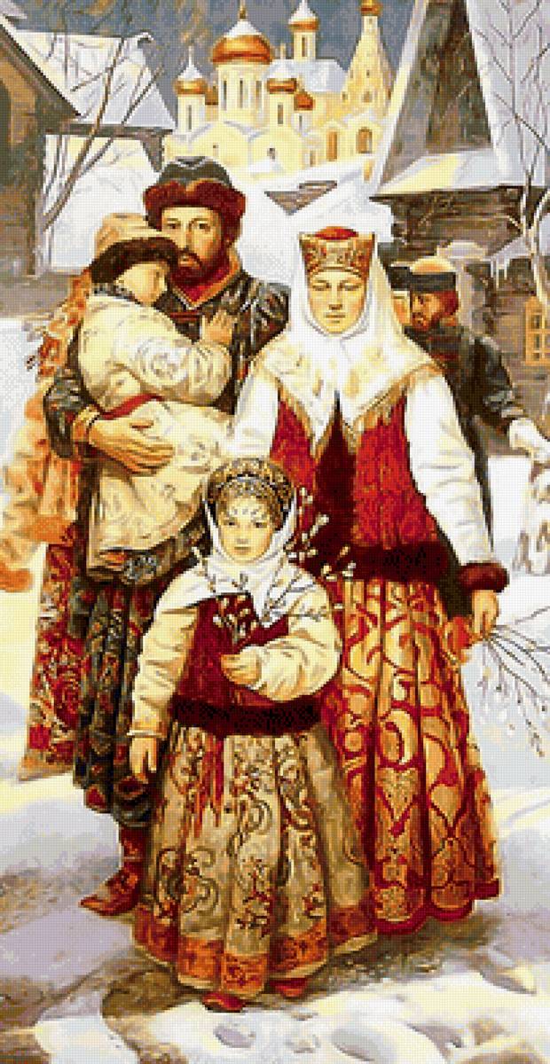 семья - лаковые миниатюры федоскино, семья, вербное воскресенье - предпросмотр