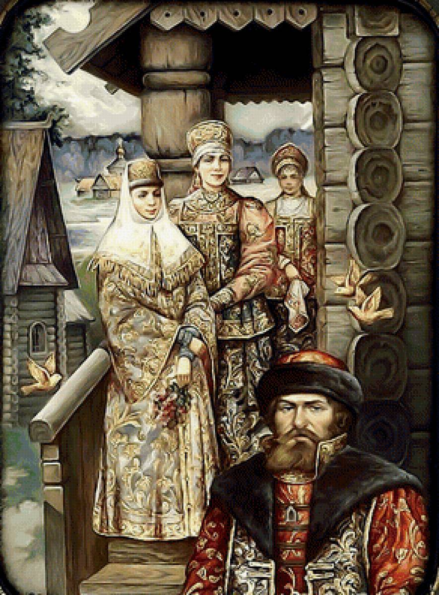 купеческая семья - славяне, лаковые миниатюры федоскино, древняя русь - предпросмотр