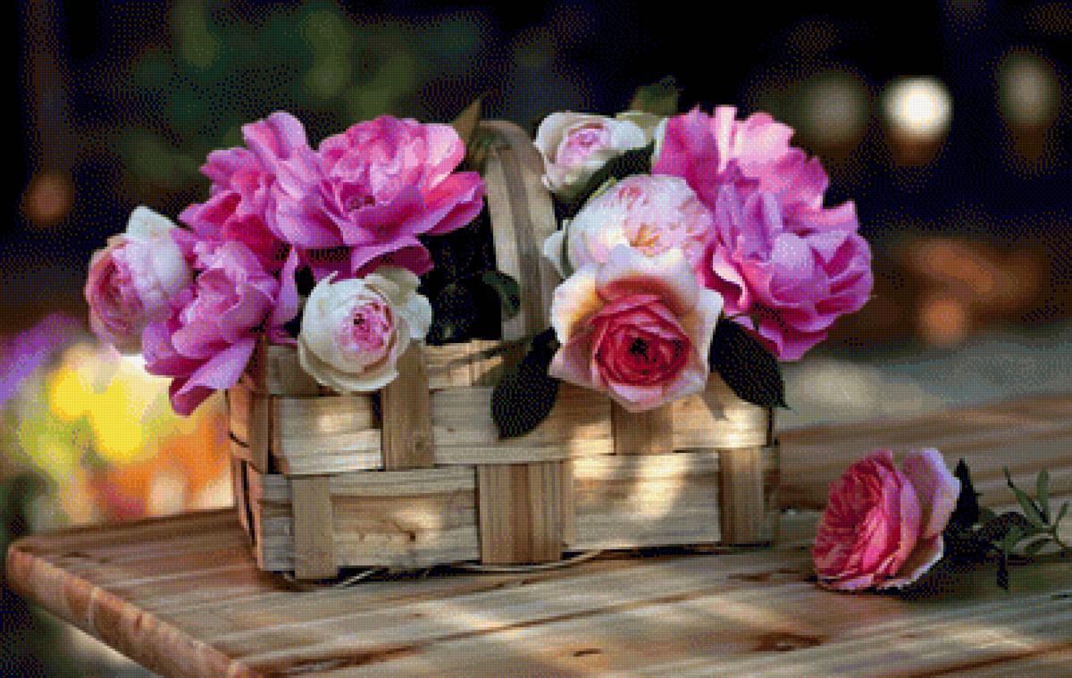 Цветы в корзине - корзина, натюрморт, флора, цветы, романтика, розы - предпросмотр