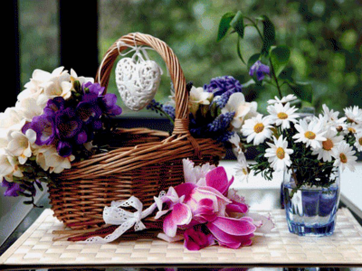 Натюрморт - корзина, цветы, сердечко, натюрморт, лепестки, ромашки - предпросмотр