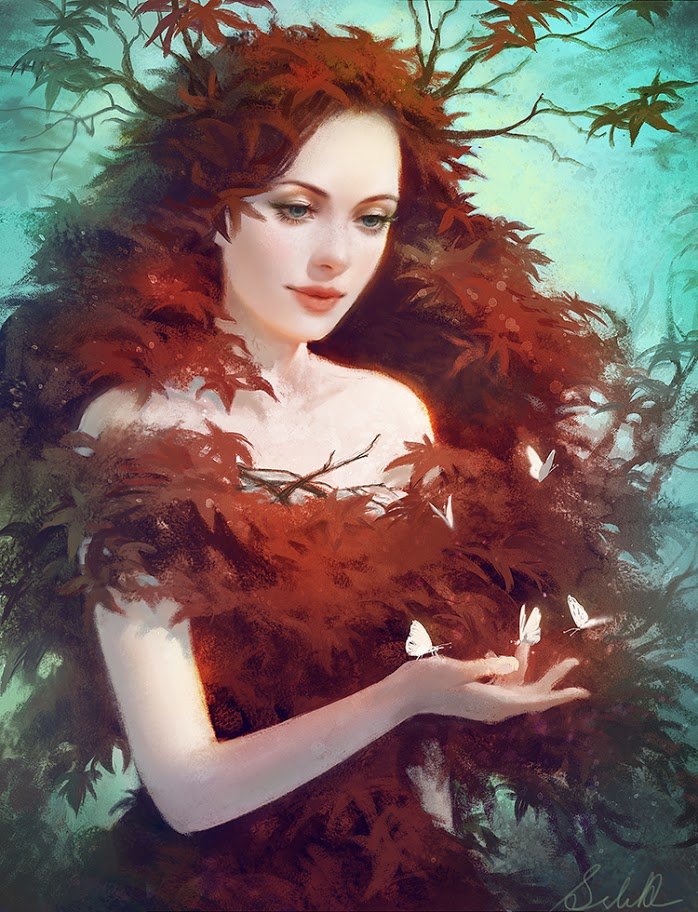 Осень - листья, осень, девушка, бабочки - оригинал