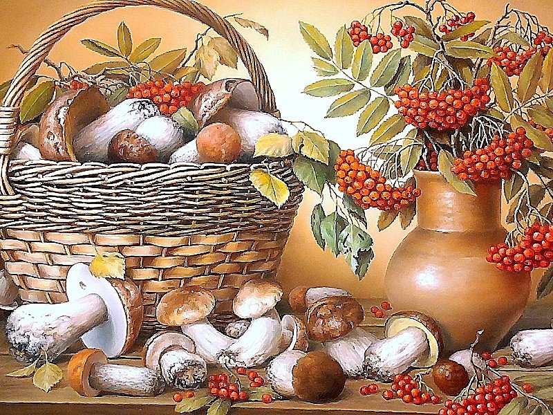 НАТЮРМОРТ - грибы, рябина - оригинал