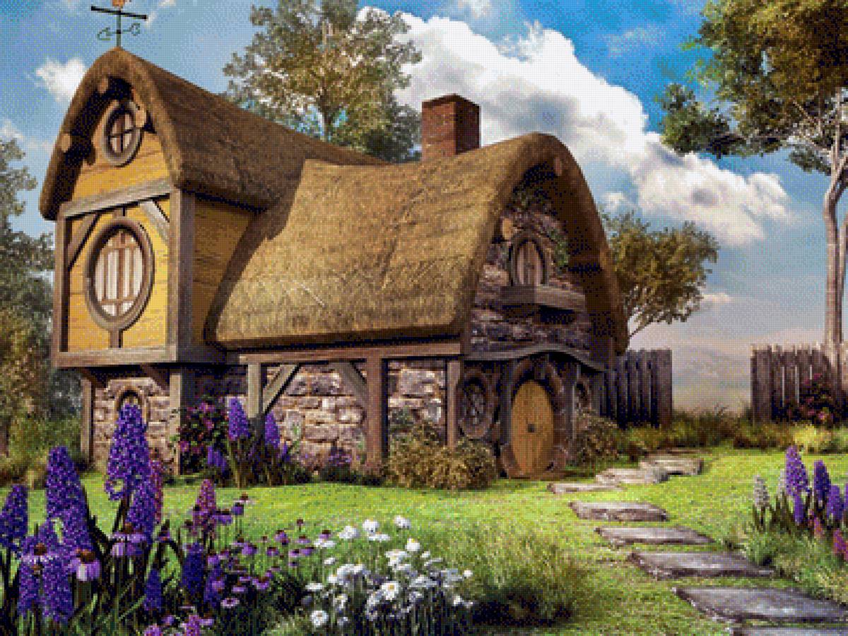 Домик - цветы, пейзаж, домик, природа, деревья - предпросмотр