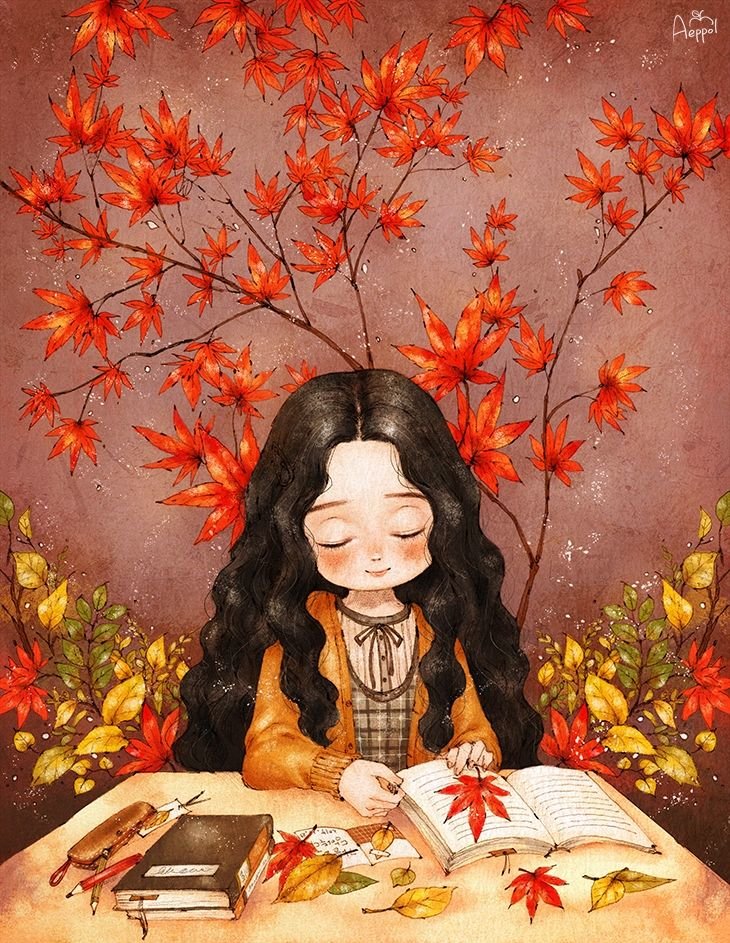 Девочка - осень, книги, иллюстрация, листья, девочка, детское - оригинал
