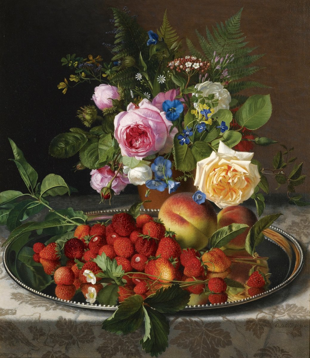 Натюрморт - клубника, ягоды, перси, живопись, фрукты, натюрморт, розы, цветы - оригинал