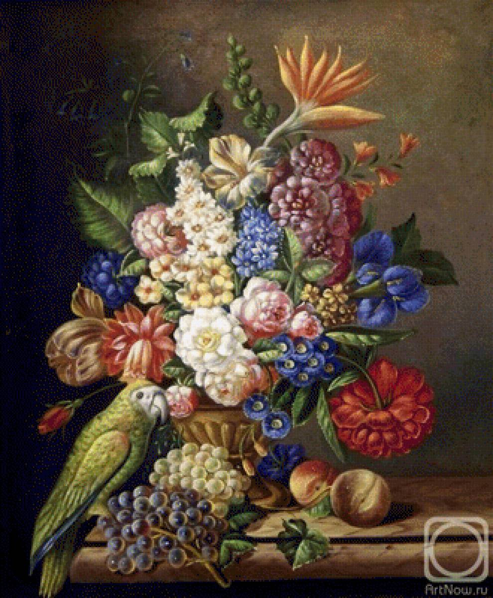 Натюрморт - натюрморт, птица, попугай, цветы, живопись - предпросмотр