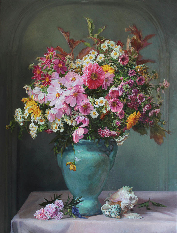 Натюрморт - ромашки, ваза, ракушка, живопись, цветы, натюрморт - оригинал