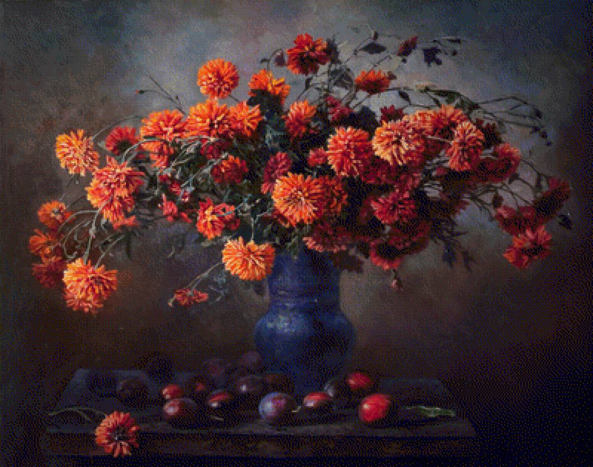 Натюрморт - цветы, ваза, хризантемы, натюрморт, живопись, фрукты - предпросмотр