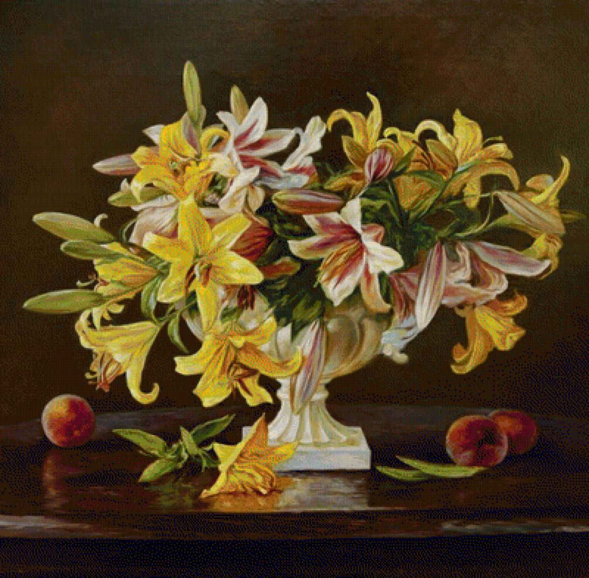 Натюрморт - живопись, лилии, персики, цветы, фрукты, натюрморт - предпросмотр