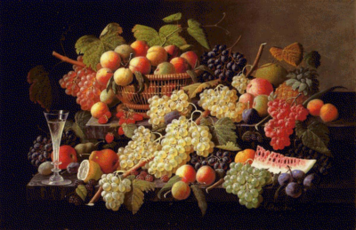 Натюрморт - живопись, персики, виноград, натюрморт, фрукты - предпросмотр