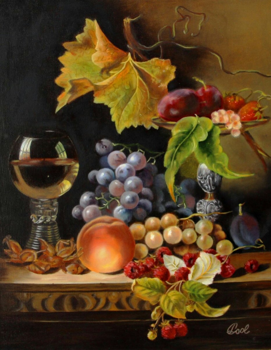 Натюрморт - фрукты, бокал, натюрморт, живопись, виноград, ягоды, персик - оригинал
