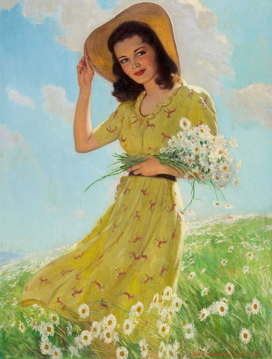 Девушка с ромашками - шляпка, ромашки, девушка, лето, поле - оригинал