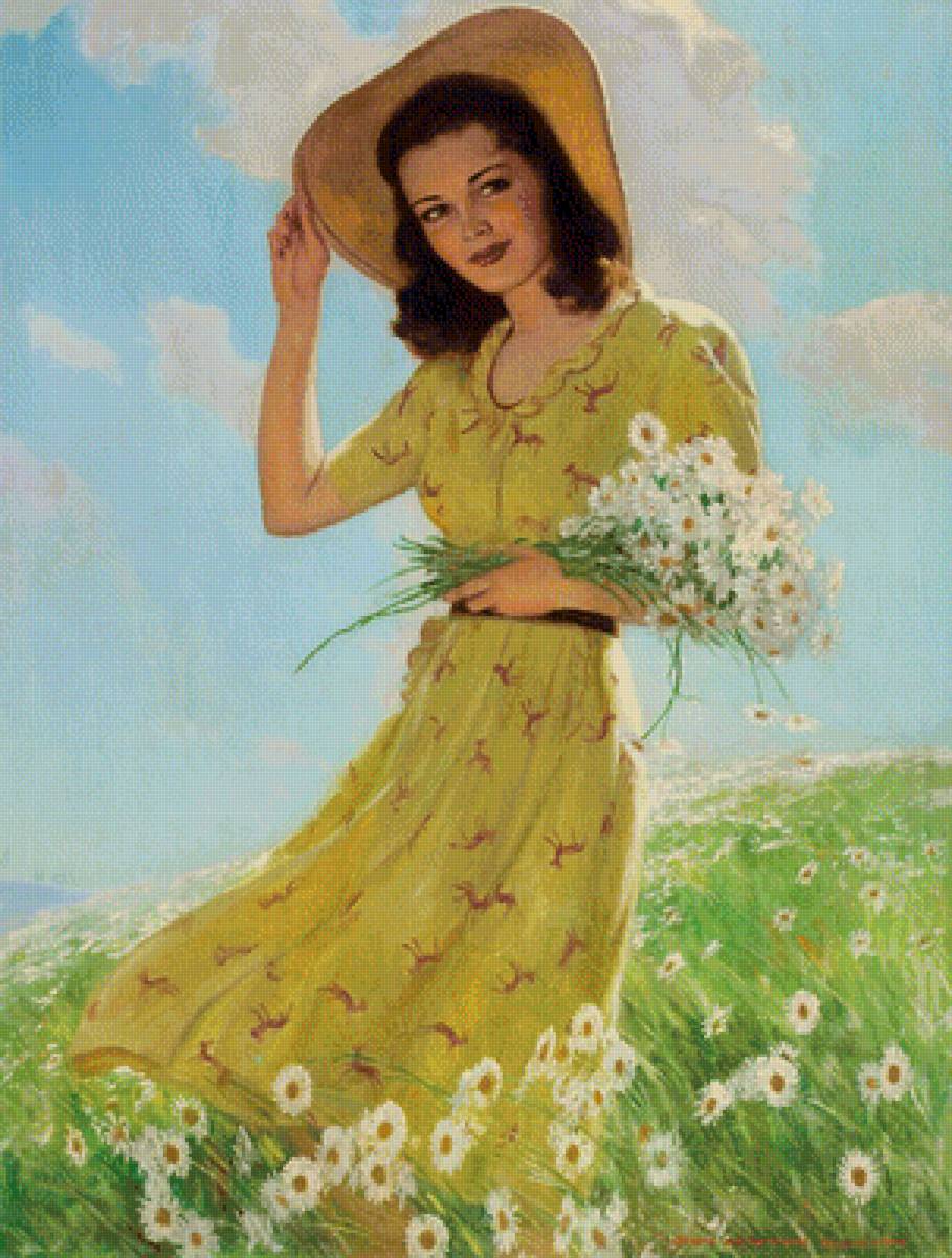 Девушка с ромашками - ромашки, шляпка, лето, поле, девушка - предпросмотр