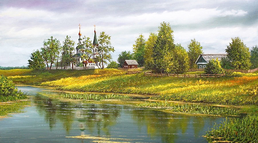 Худ. Лысов. - река, природа, пейзаж, деревня, лето - оригинал