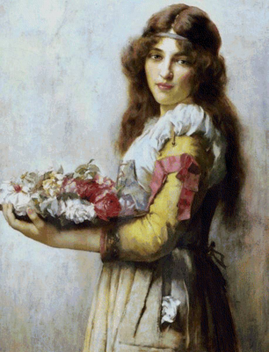 девушка с букетом - девушка, картина, цветы, портрет - предпросмотр