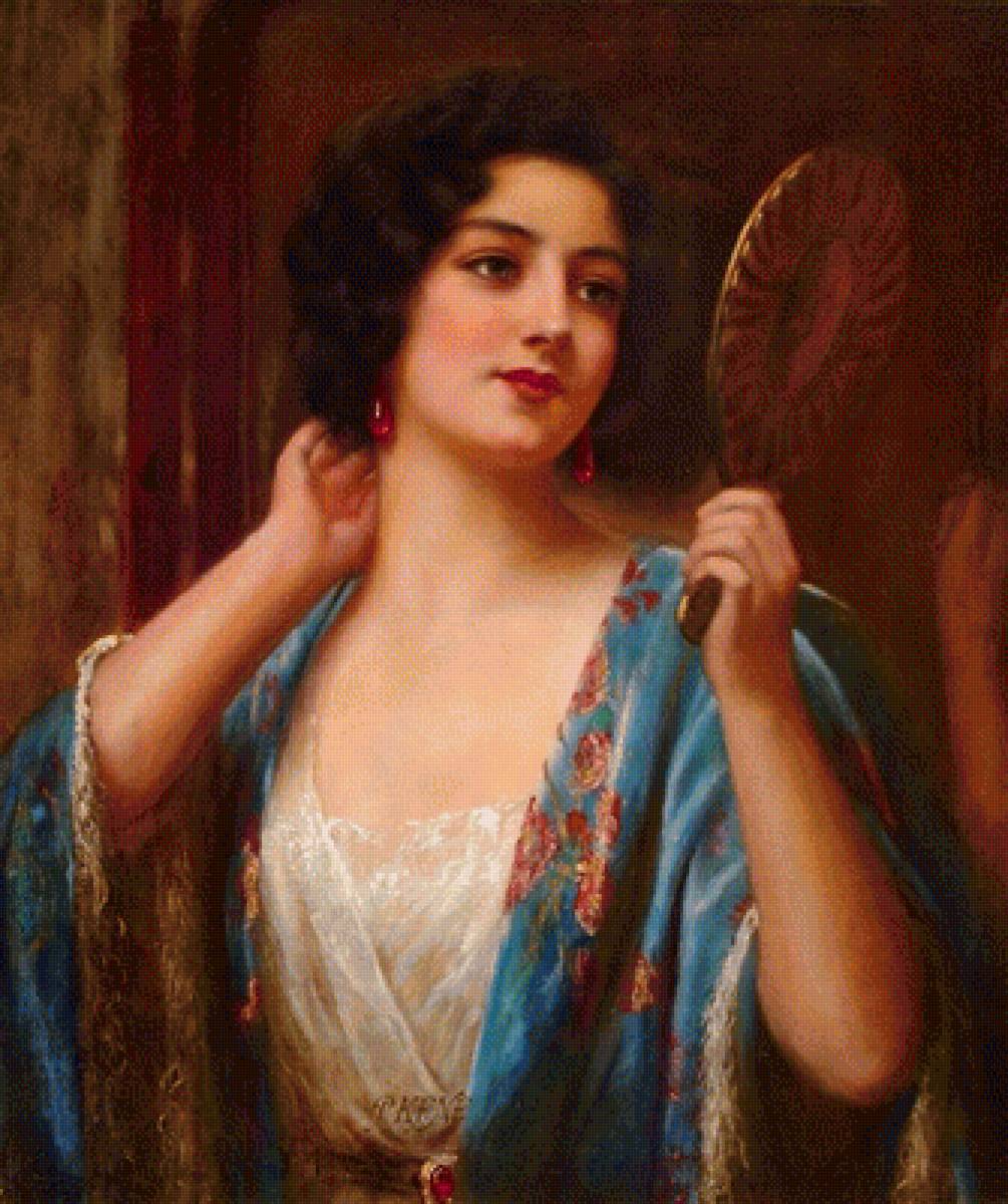 девушка у зеркала - девушка, портрет, картина - предпросмотр