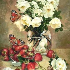 серия цветы: белые розы и клубника
