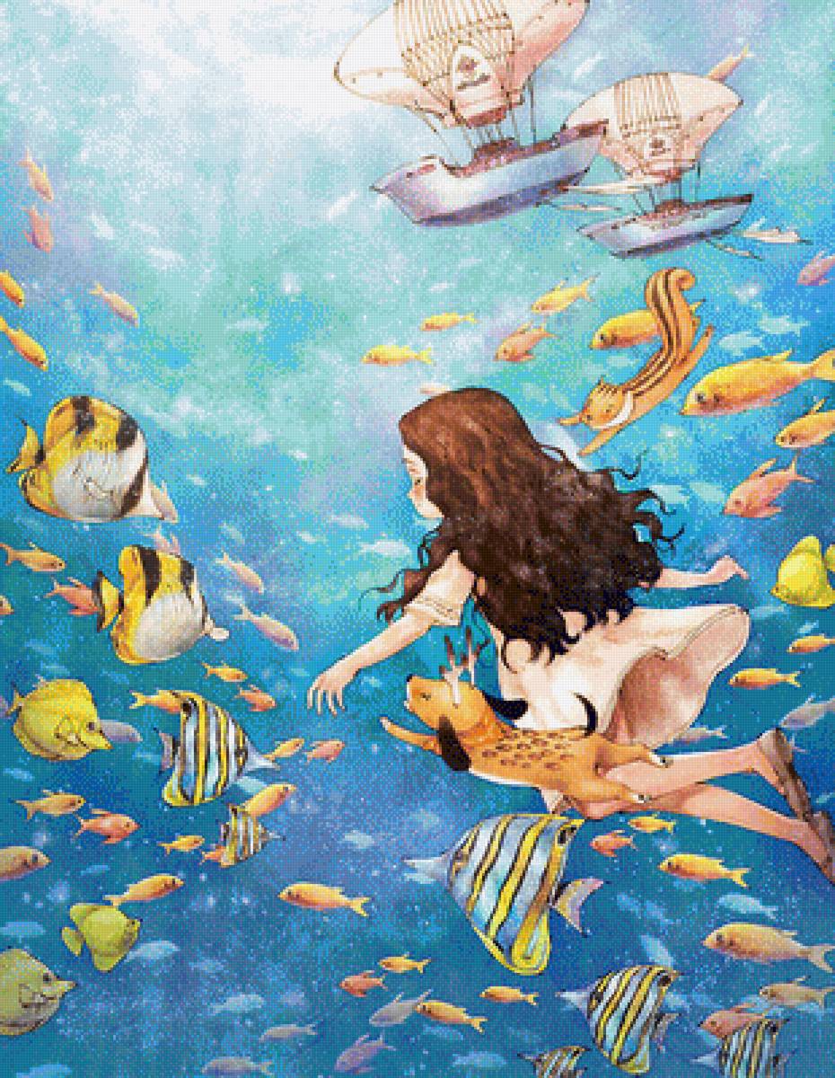 Девочка - детское, вода, иллюстрация, детство, девочка, рыбы - предпросмотр