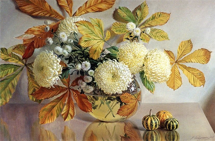 Осенний букет - листья каштанов, хризантемы, букет - оригинал