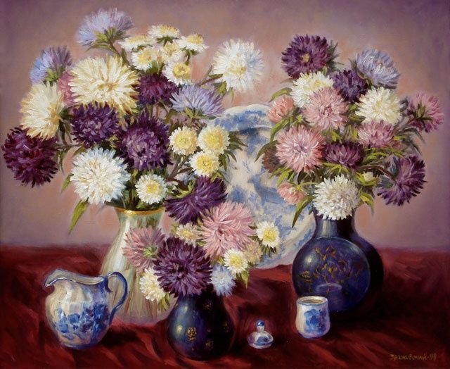 Астры - ваза, астры, стол, букет - оригинал