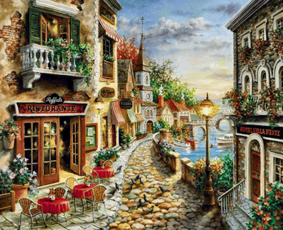 Пейзаж - фонарь, домики, город, улица, пейзаж, ресторан, вода - предпросмотр