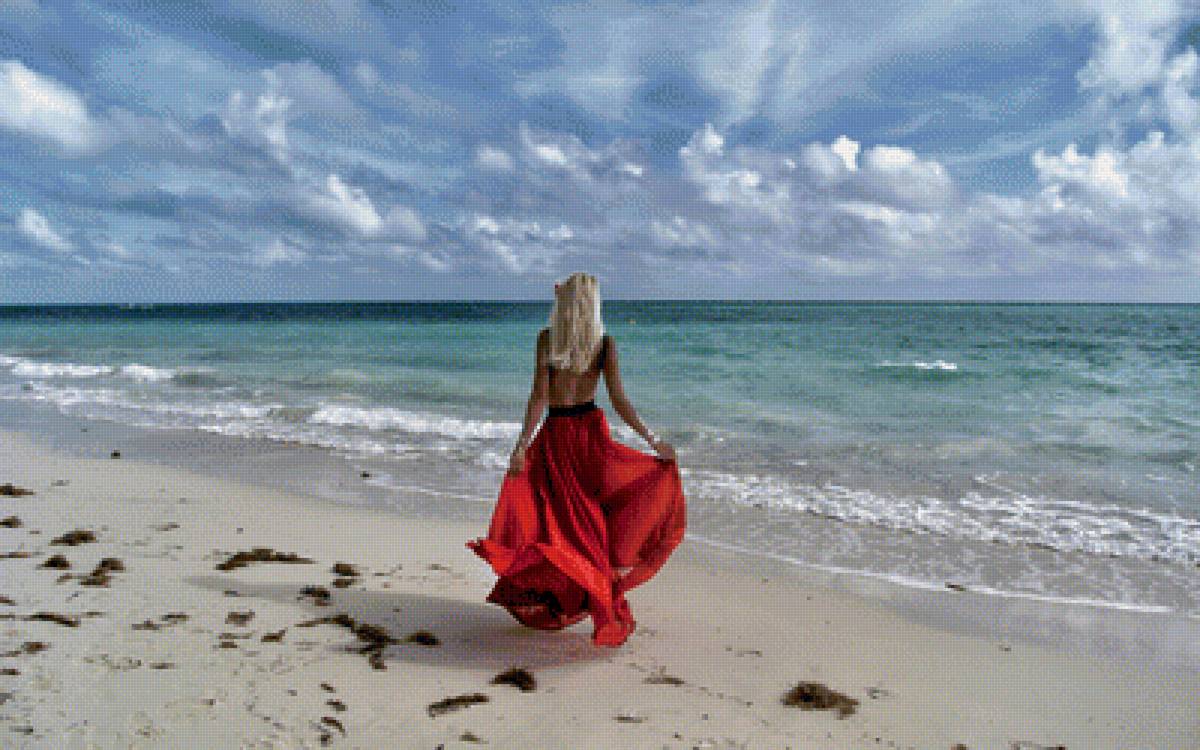 девушка в красной юбке у моря - предпросмотр