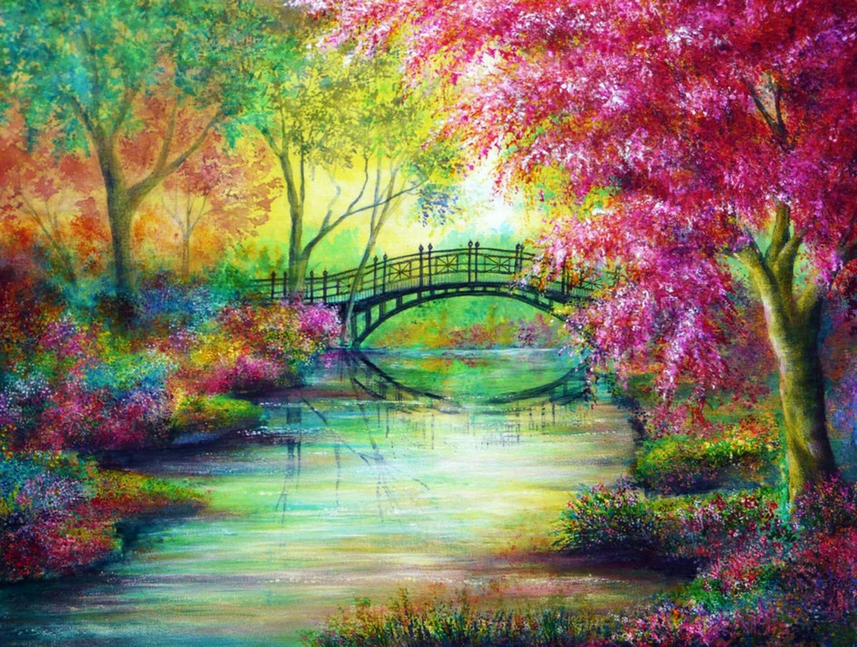 Пейзаж - деревья, живопись, мост, вода, цвет, пейзаж - оригинал