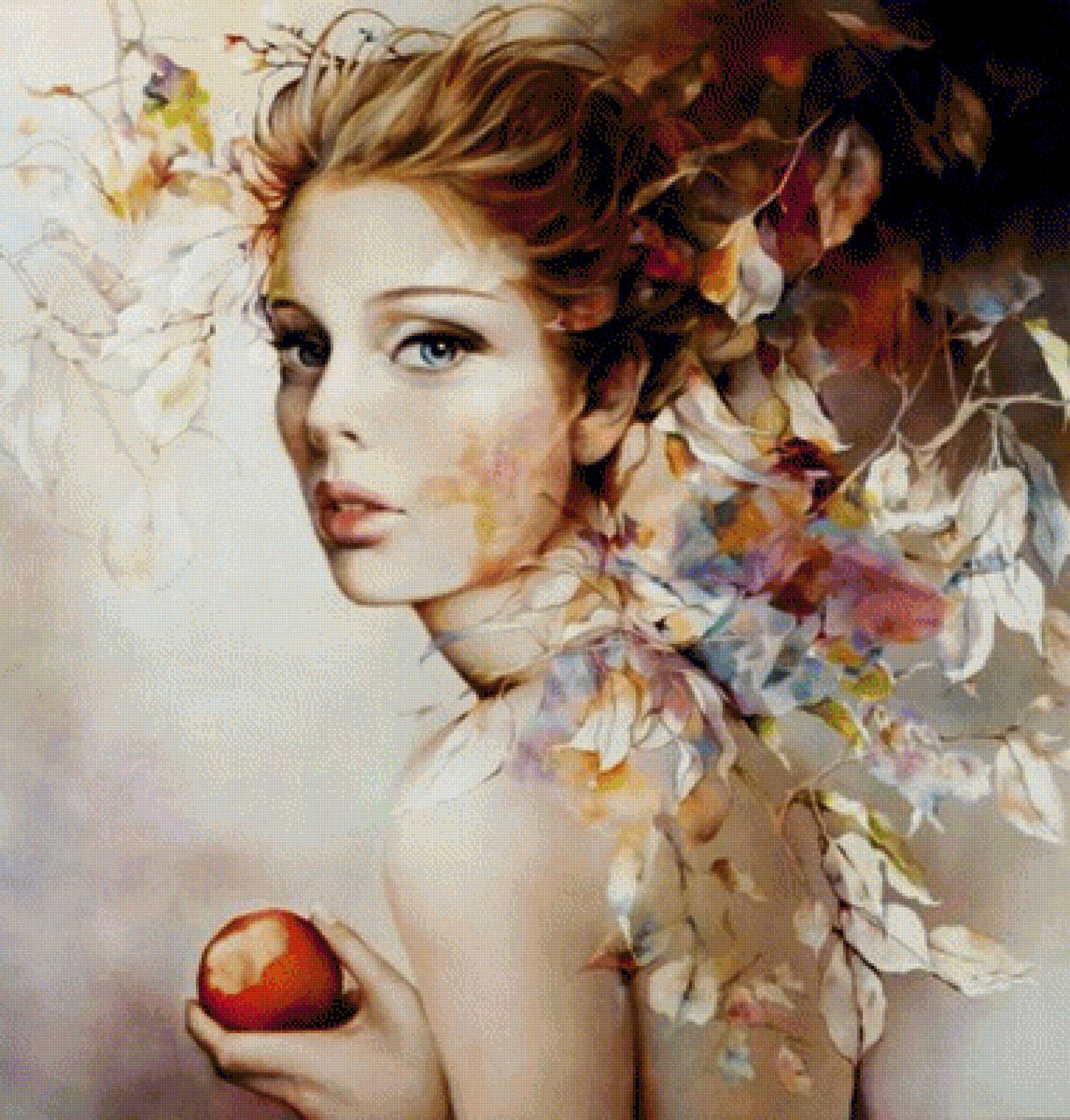 Девушка - женский образ, портрет, девушка, яблоко, art - предпросмотр