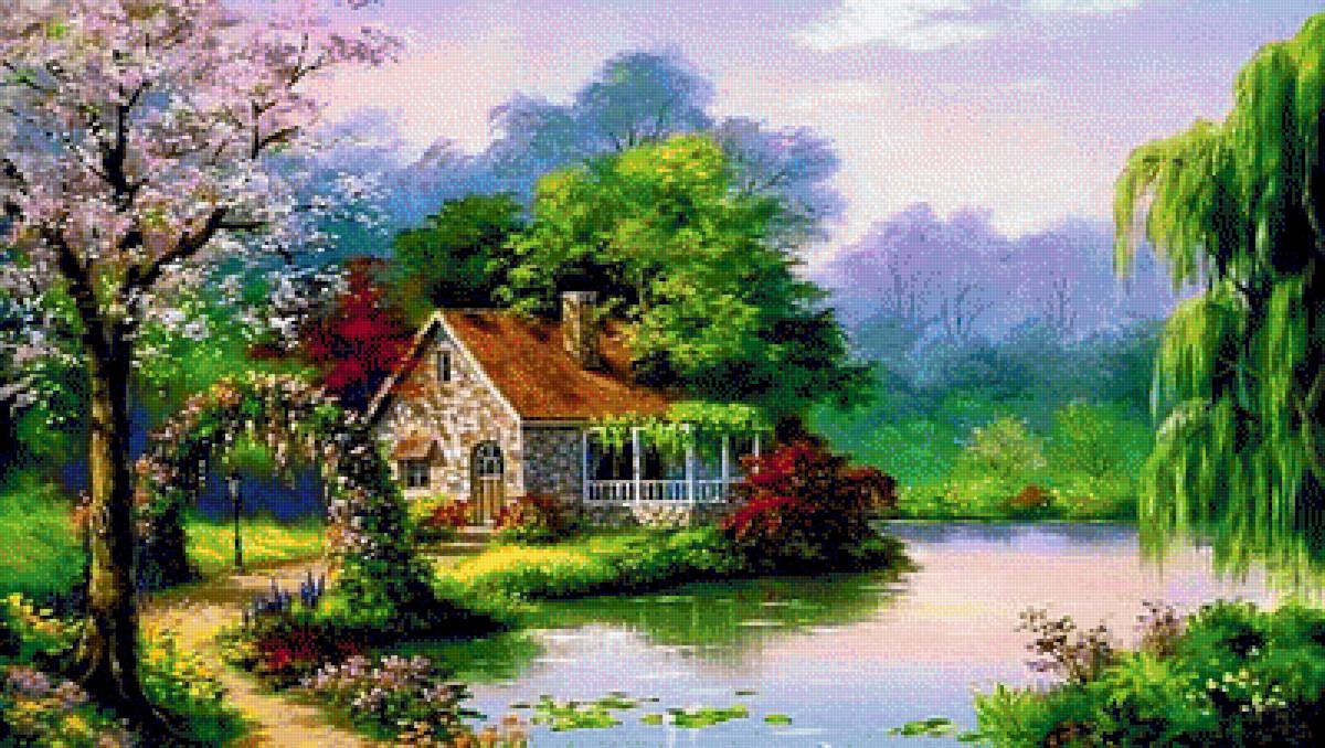 Пейзаж - природа, домик, пейзаж, вода, деревья, озеро - предпросмотр