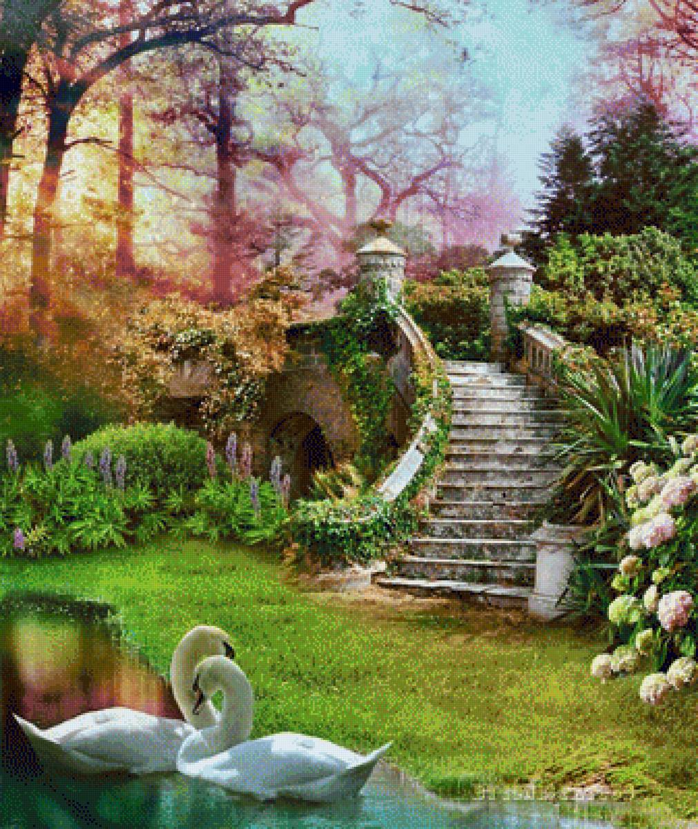 Природа - вода, цветы, природа, пруд, деревья, парк, лебеди - предпросмотр