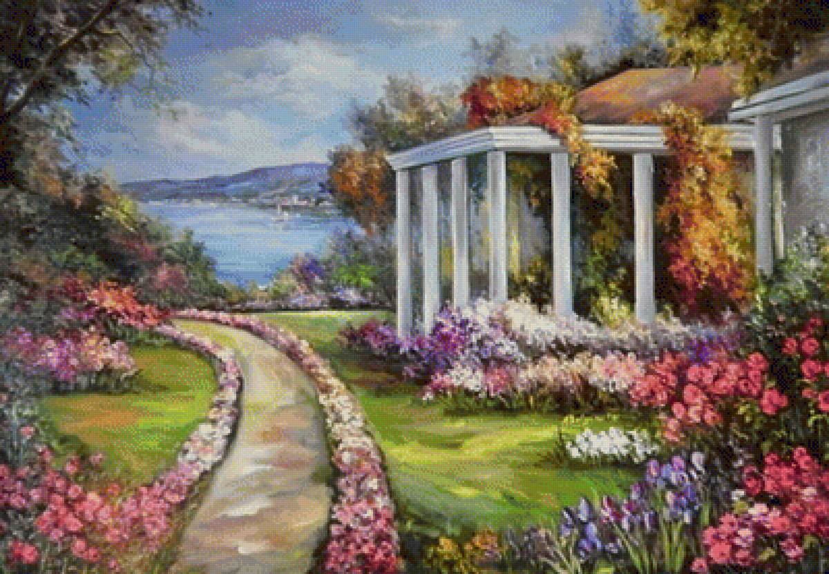 Пейзаж - море, деревья, цветы, живопись, пейзаж, природа - предпросмотр