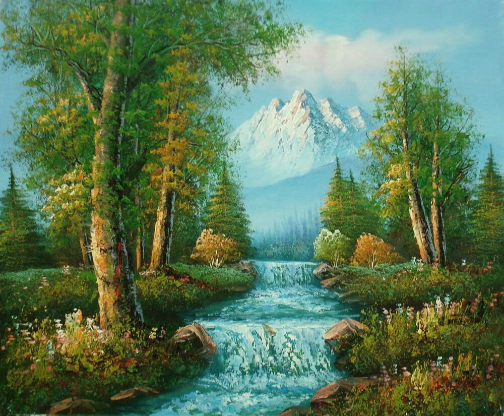 Пейзаж - деревья, пейзаж, река, вода, лето, горы, живопись, лес - оригинал